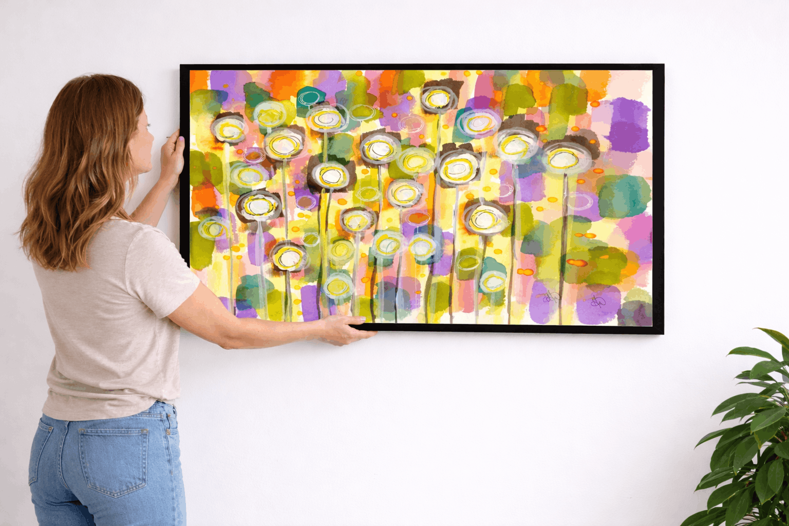 Woman viewing art on TV